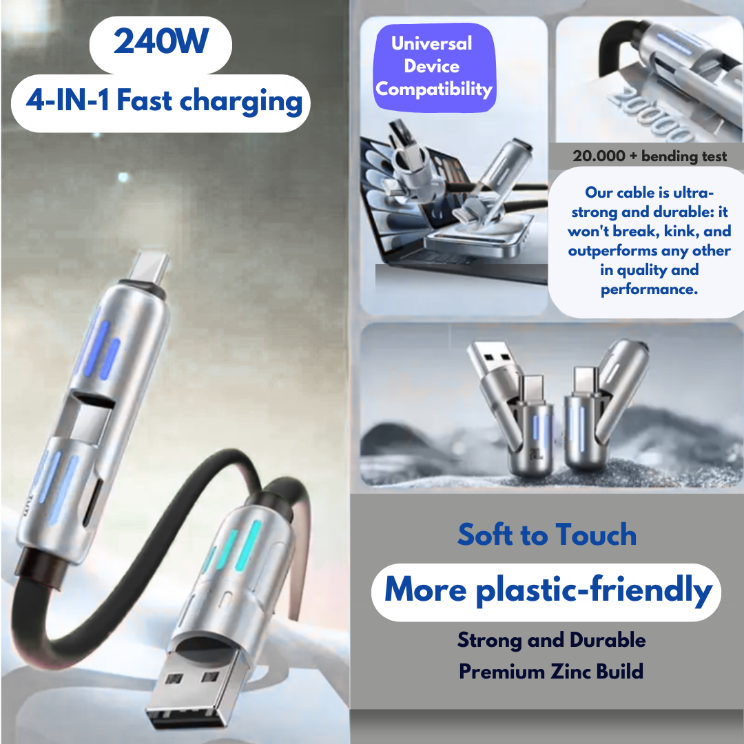240W Fast Charging Cable | 4-in-1 USB-C, Lightning & Micro USB | LED Indicator