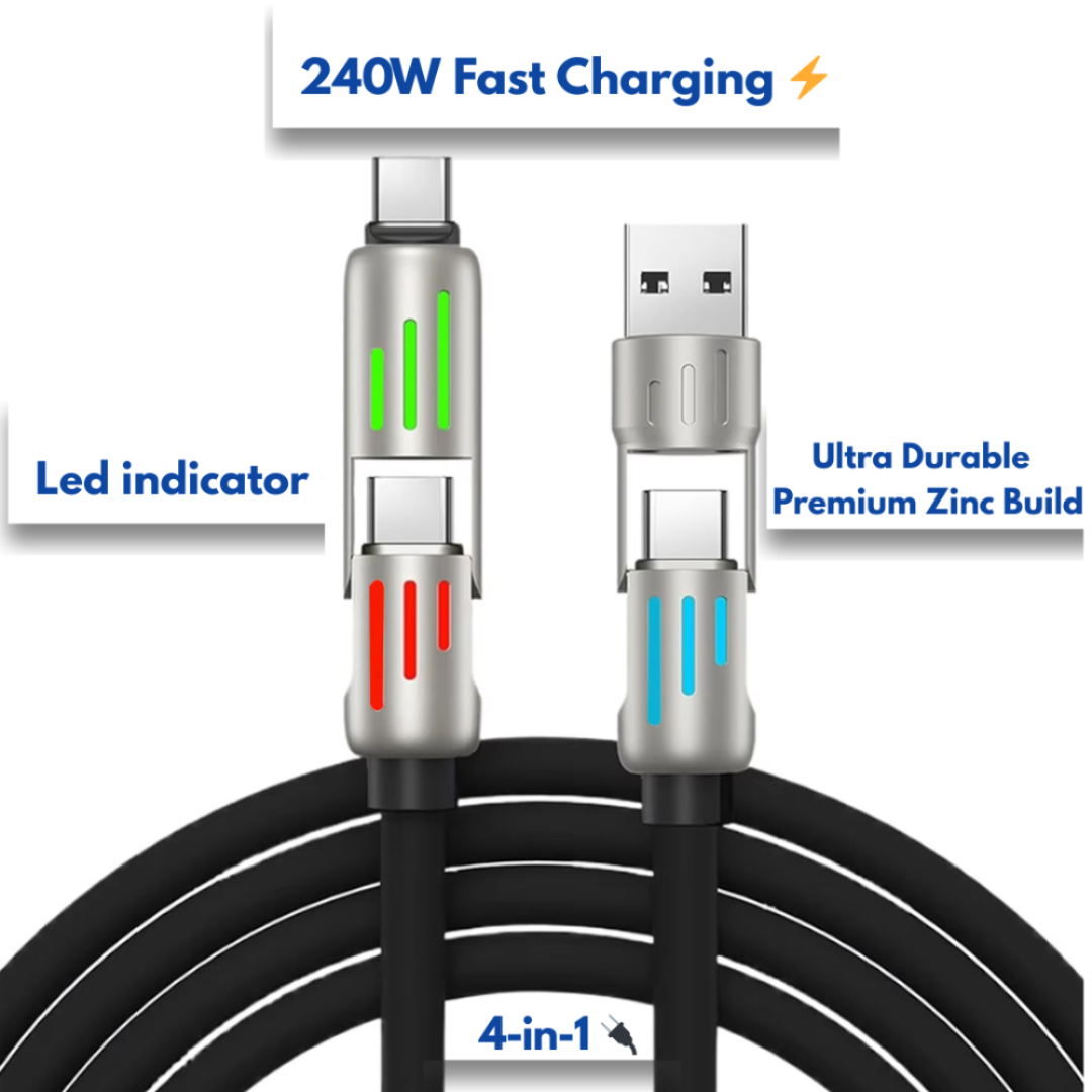 240W Fast Charging Cable | 4-in-1 USB-C, Lightning & Micro USB | LED Indicator