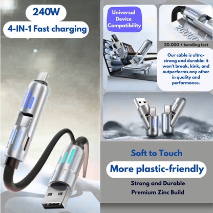 240W Fast Charging Cable | 4-in-1 USB-C, Lightning & Micro USB | LED Indicator